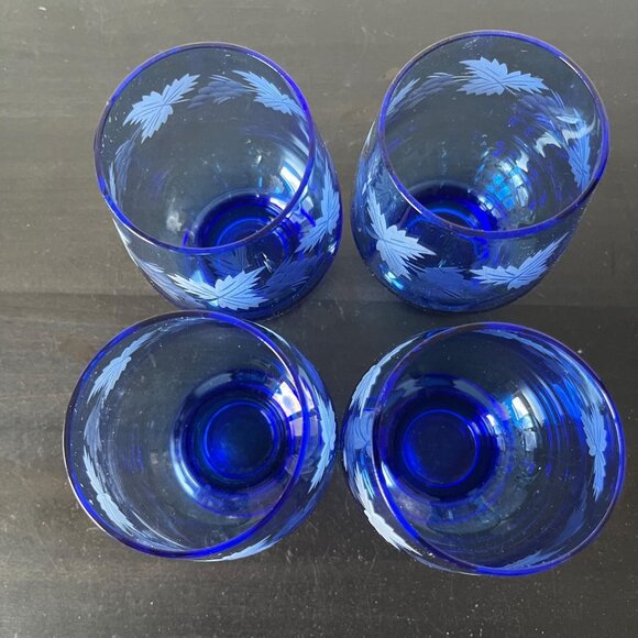 Vintage Cobalt Blue Etched Crystal Tumbler Glasses Set of 4 Grapes & Leaves - Picture 6 of 7
